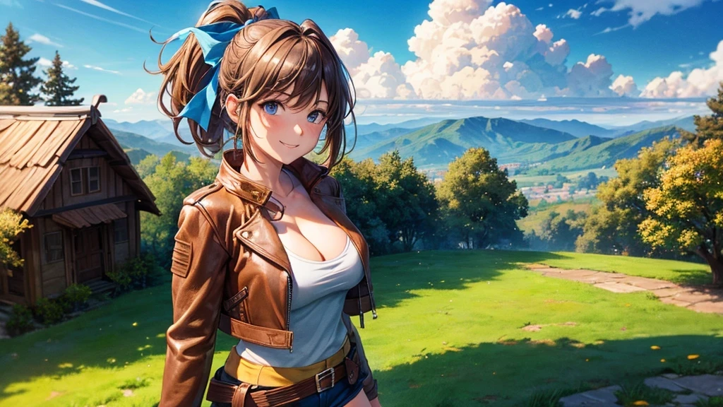 1girl, solo, full body, summer, village, trees, sun, clouds, ((colorful hair)), ponytail, huge breasts, ((brown leather jacket)), brown leather shorts, ((blue ochre)), cleavage 1:3, blue eyes, skirt, smile, looking at the viewer, standing, hair ribbon, golden necklate