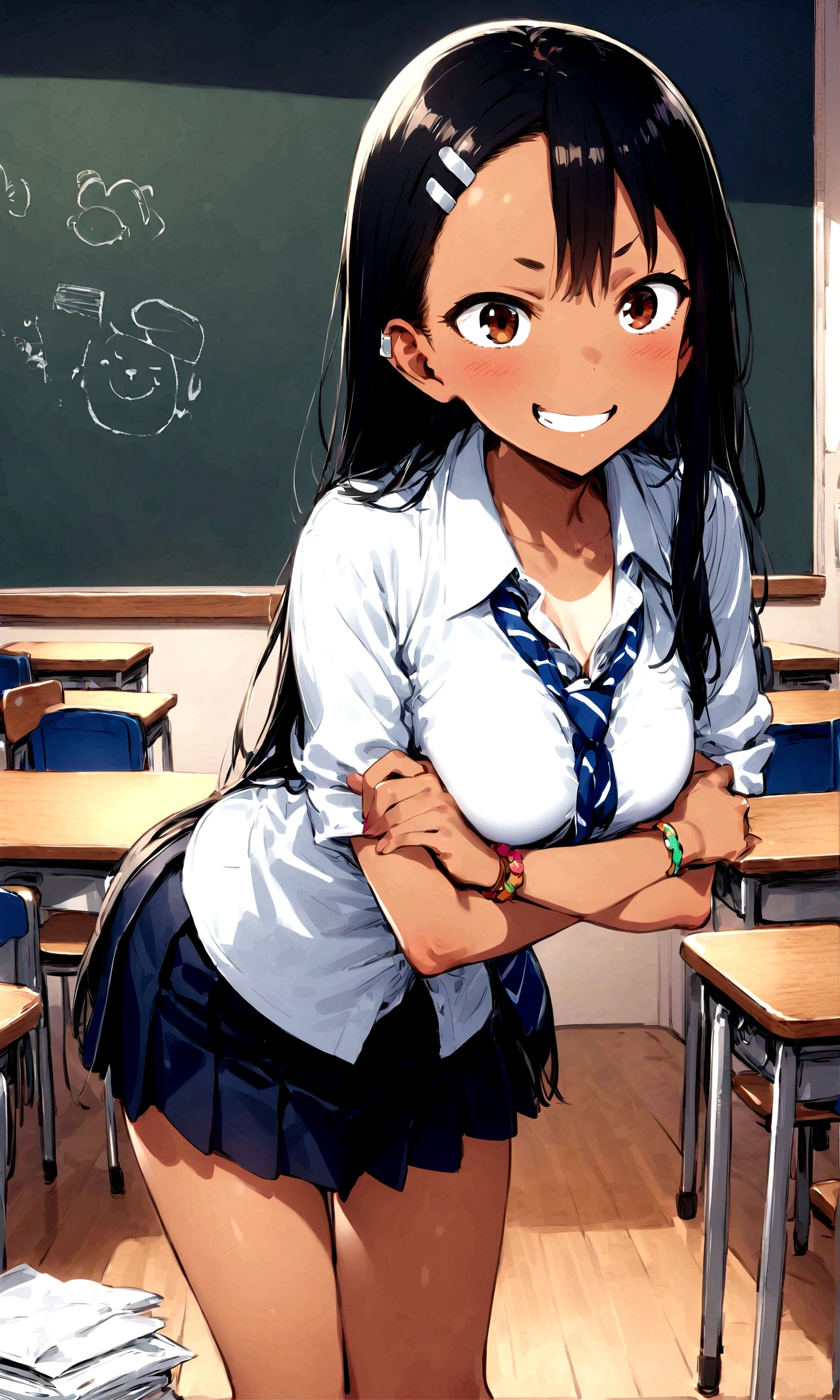 1 girl:Nagatoro_Hayase, Brown eyes, Black Hair, Long hair, Dark Skin, Dark-skinned women, Brown, Brownlines, Hairpin, , White shirt, Collared shirt, Pleated Skirt,A naughty girl with a sly smile, sBrownding in a school classroom. She has a keen, Squinting，With a playful look, Her eyebrows raised playfully. She is wearing playful: A colorful tie, Fashionable socks, There are also some unique accessories，比如手镯和Hairpin. She crossed her arms, She leaned forward slightly, One leg slightly ahead of the other, As if she was about to make a witty remark. Classroom background including desks, Blackboard with graffiti, There were a few pieces of paper scattered on the floor.