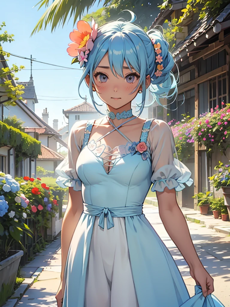 24-years-old、cute、Light blue hair tied up、Peach-colored flower garden、Fantasy、Wearing a one-piece dress、sunny