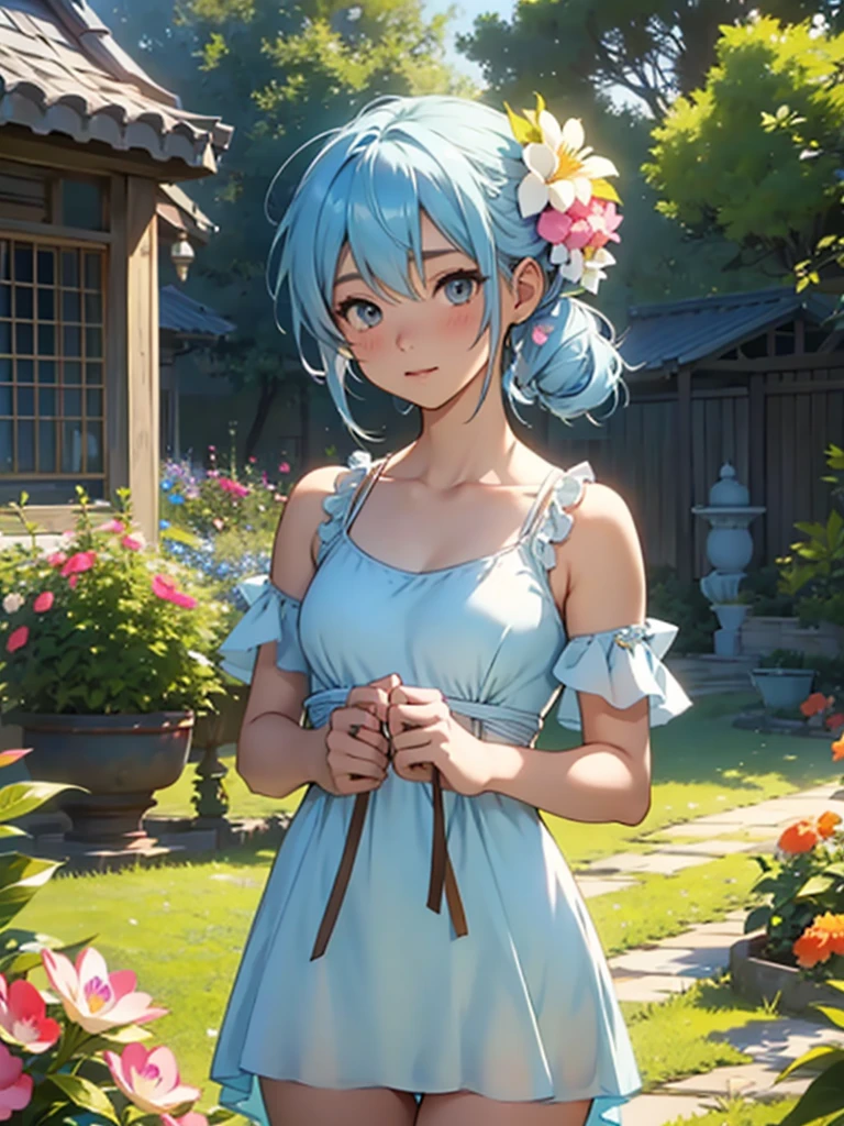 24-years-old、cute、Light blue hair tied up、Peach-colored flower garden、Fantasy、Wearing a one-piece dress、sunny