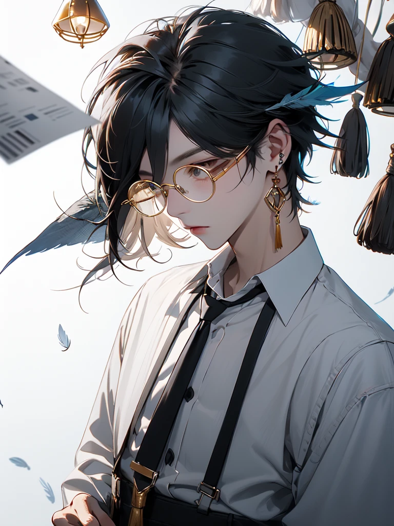 (Masterpiece:1.2), best quality,realistic,mid trip,
1 boy, glove, focus man, feather pen, glasses, decorations, earring, สายรัดglasses, white background, black hair, glassesข้างเดียว, Holding, black glove, short hair, hands in pocket, book, shirt, long sleeve, พื้นหลังที่smoothง่าย, look at viewer, tassel, hair between the eyes, Many perspectives, lamp, smooth, collared shirt, paper, earringเดี่ยว, shirtโค้ท, trousers, black shirtโค้ท, glassesทรงกลม, gag, alone