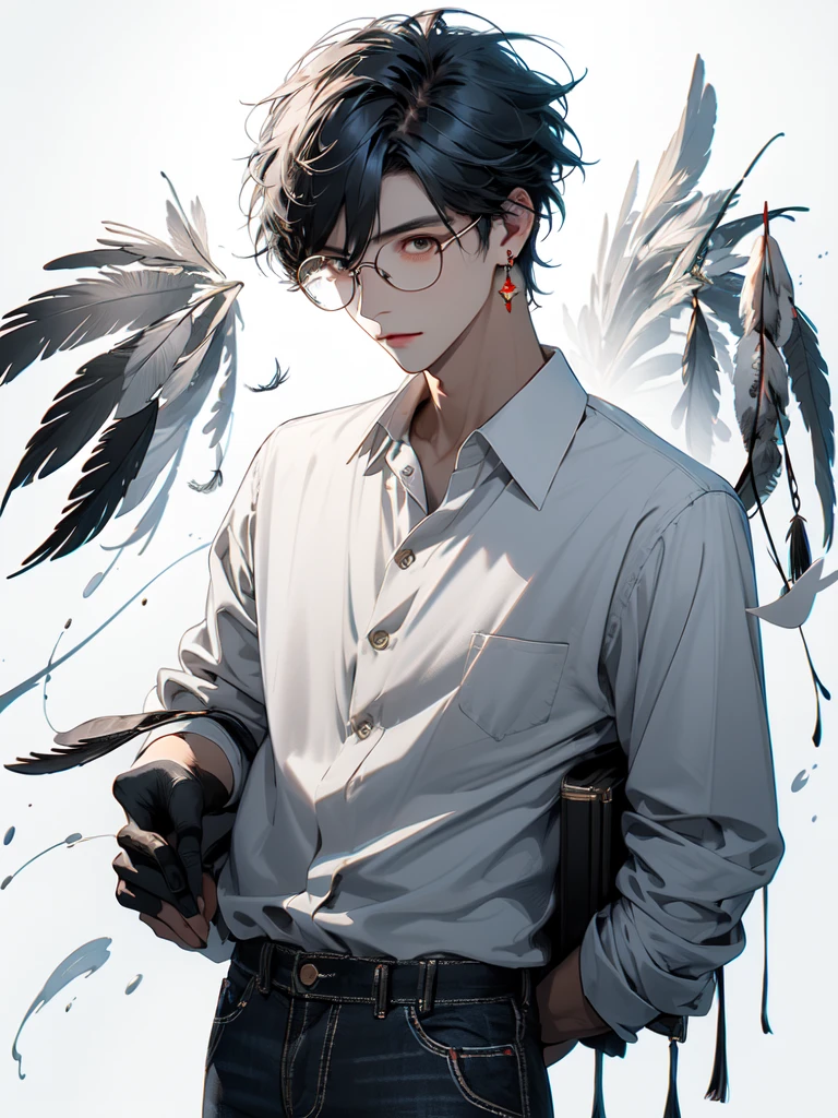 (Masterpiece:1.2), best quality,realistic,mid trip,
1 boy, glove, focus man, feather pen, glasses, decorations, earring, สายรัดglasses, white background, black hair, glassesข้างเดียว, Holding, black glove, short hair, hands in pocket, book, shirt, long sleeve, พื้นหลังที่smoothง่าย, look at viewer, tassel, hair between the eyes, Many perspectives, lamp, smooth, collared shirt, paper, earringเดี่ยว, shirtโค้ท, trousers, black shirtโค้ท, glassesทรงกลม, gag, alone