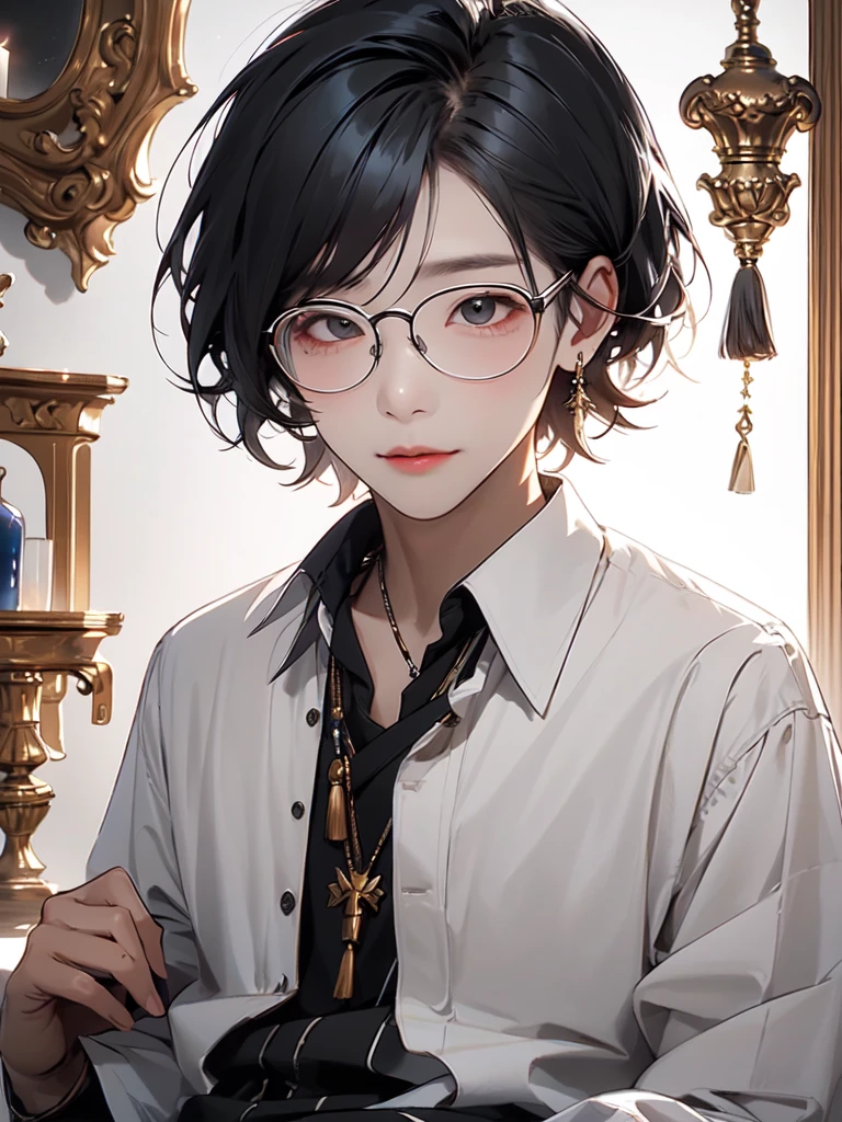 (Masterpiece:1.2), best quality,realistic,mid trip,
1 boy, glove, focus man, feather pen, glasses, decorations, earring, สายรัดglasses, white background, black hair, glassesข้างเดียว, Holding, black glove, short hair, hands in pocket, book, shirt, long sleeve, พื้นหลังที่smoothง่าย, look at viewer, tassel, hair between the eyes, Many perspectives, lamp, smooth, collared shirt, paper, earringเดี่ยว, shirtโค้ท, trousers, black shirtโค้ท, glassesทรงกลม, gag, alone
 