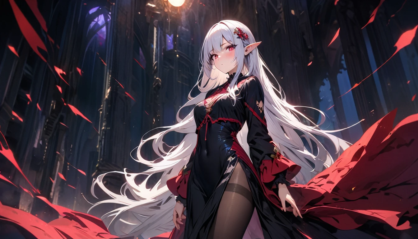 (masterpiece, Best quality, A high resolution, ultra detailed, Satella, White hair, 1 girl, long hair, pointed ears, hair ornament, Tights, black transparent veil long black dress, Looking at the viewer, black Tights, long sleeves, blush, standing, very long hair, cowboy shot, brilliant, brilliant hair, (night:1.2),Dreamy, [[gentle fingers and hands:0.55]::0.85],(detailed fingers),),(emotional),(breathtaking),(main part:1.2) whole body.), (Anime Style), (Super Detailed), (brutal), (uhd, HDR), (8K), (High Resolution: 1.2), (Complex and Beautiful: 1.2), (Dramatic Lighting: 1.2) , (staring at the viewer), lora:add_detail:1, female necromancer, flowing white hair, detailed red eyes, skelet, Tomohiko Ito style