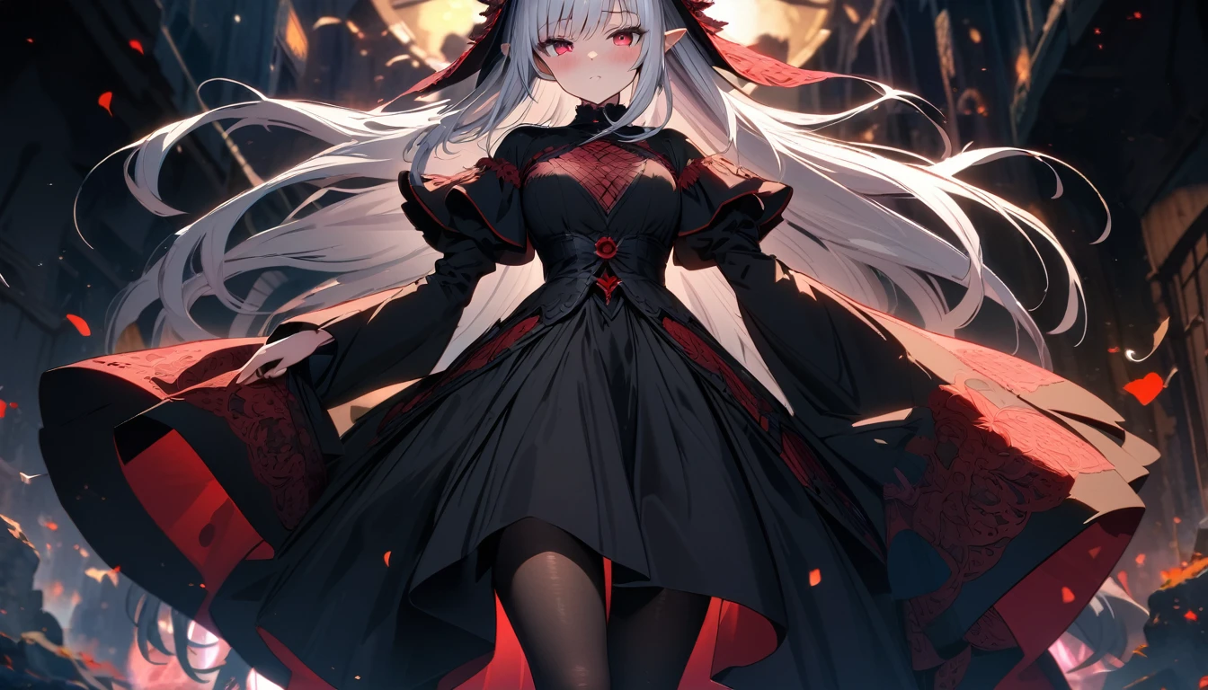 (masterpiece, Best quality, A high resolution, ultra detailed, Satella, White hair, 1 girl, long hair, pointed ears, hair ornament, Tights, black transparent veil long black dress, Looking at the viewer, black Tights, long sleeves, blush, standing, very long hair, cowboy shot, brilliant, brilliant hair, (night:1.2),Dreamy, [[gentle fingers and hands:0.55]::0.85],(detailed fingers),),(emotional),(breathtaking),(main part:1.2) whole body.), (Anime Style), (Super Detailed), (brutal), (uhd, HDR), (8K), (High Resolution: 1.2), (Complex and Beautiful: 1.2), (Dramatic Lighting: 1.2) , (staring at the viewer), lora:add_detail:1, female necromancer, flowing white hair, detailed red eyes, skelet, Tomohiko Ito style