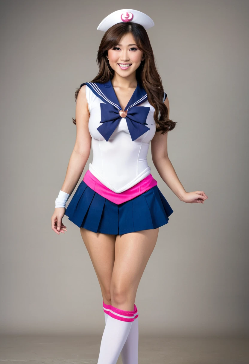 Beautiful asian woman, brunette, big breasts  ,ultra realistic, perfect face, long hair, full body photo, sexy smile, standing pose, elegant pose, sailor senshu outfit, pink white and blue, busty, comic con 