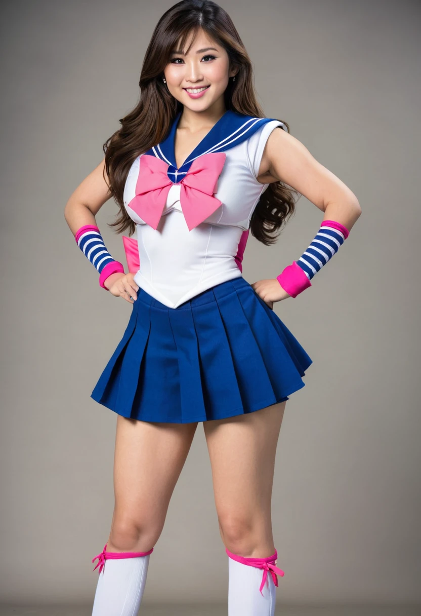 Beautiful asian woman, brunette, big breasts  ,ultra realistic, perfect face, long hair, full body photo, sexy smile, standing pose, elegant pose, sailor senshu outfit, pink white and blue, busty, comic con 