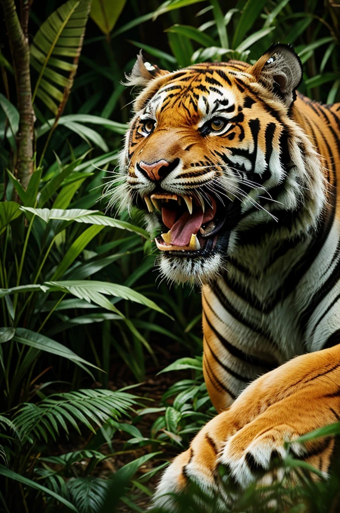 A tiger roaring in a vast jungle
