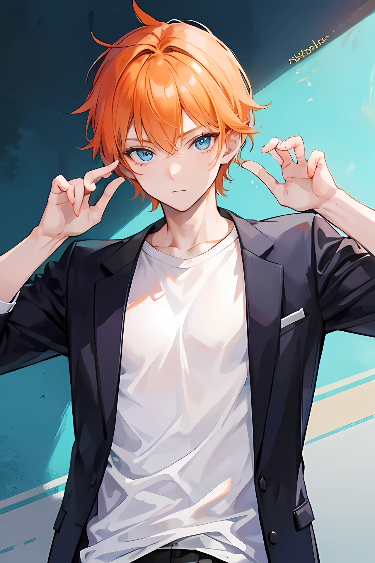 Young man, orange short hair, blue eyes, modern style, handsome man, slang, cool boy, medium body model