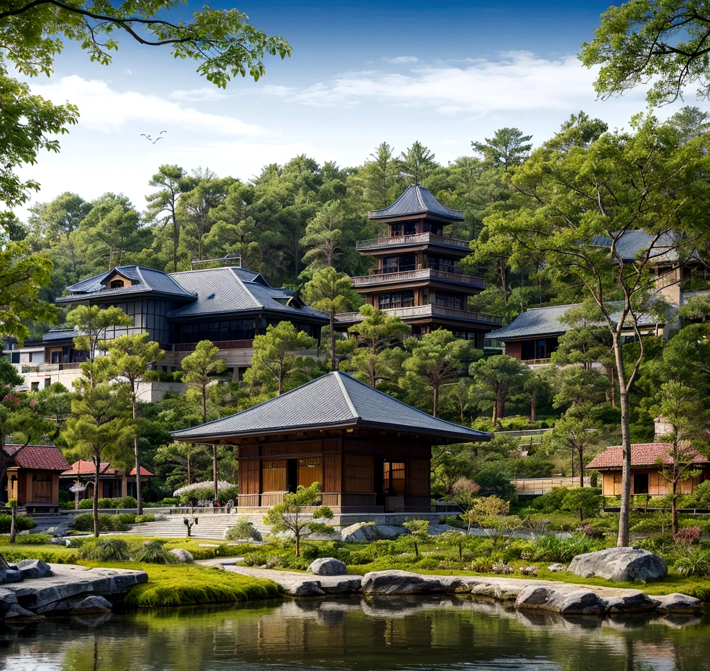 a cartoon illustration of a pagoda with a blue roof, european japanese buildings, an extremely detailed building, japanese temple, japanese house, zen temple background, ancient japanese architecture, temple background, background depicting a temple, a temple, japanese temples, japanese architecture, chinese building, japanese town, inspired by Tōshi Yoshida, temple, digital painting of a pagoda