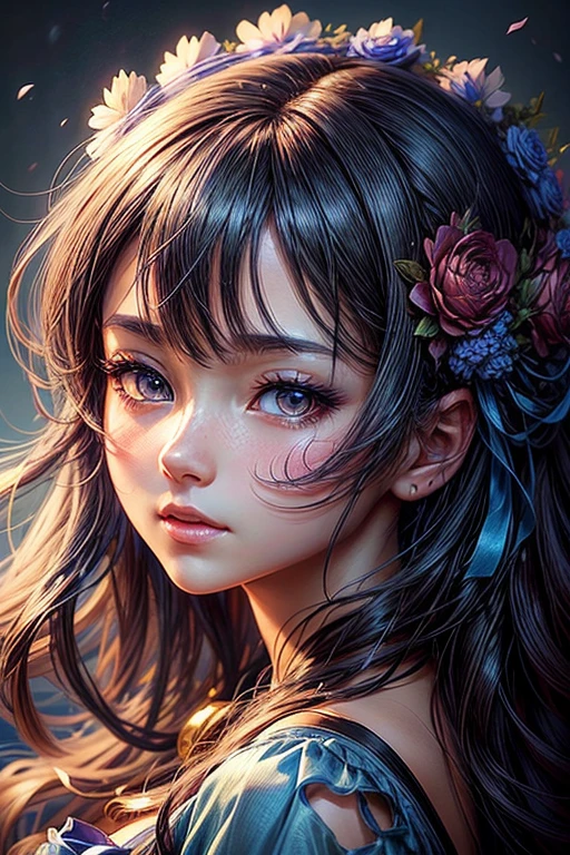 a woman with a flower crown on her head and a blue dress, stunning anime face portrait, artwork in the style of guweiz, detailed portrait of an anime girl, Beautiful anime portrait, detailed digital anime art, extremely detailed artgerm, guweiz, artgerm. Anime illustration, Beautiful anime face, Kawaii realistic portrait, style of artgerm