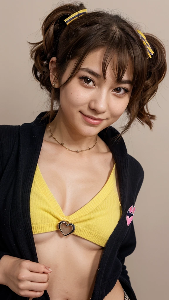 ichige style, 1 girl, Alone, Brown hair, heart, hair ornament, , Side ponytail, SMILE, looking at the viewer, Handkerchief, Upper part of the body, heart hair ornament, cardigan, sailor collar, serafín, black sailor collar, hits, yellow eyes, Closed mouth, wide, Brown eyes, purple Handkerchief, striped background, clavicle, striped, moles, Star (Symbol)