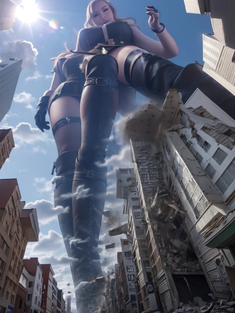 （Giantess Elements、High resolution、High resolution、high quality、Accurate body structure、Detailed body） Towering giant blondes girl，50,000 feet high、Looking up at the approaching woman from below、Giants attack the city、cute、blondes、Destroy a small townWomen、Destroy a small town、Mischievous look、(Maid outfit)Japanese、White skin、Giant blondes female、smile、Trampling buildings、rubble、Burning Small Town、Destroyed small building、Collapsed highway、Cars are crushed、Evacuating residents、sunset、Burning Small Town、go ahead、walk、Trampling、Anatomically correct、Accurate human body、Accurate skeleton、Full body portrait、blue eyes、Rubble scattered at my feet、Higher than skyscrapers、Big impact、amazing、Giantess Elements、Draw a woman in a big way、Increase the destructive element、Make the city smaller Black long gloves、Crushed car、abandon、Car being held、Knee-high boots、Knee-high bootsを履いた女、Crushed car、abandon女