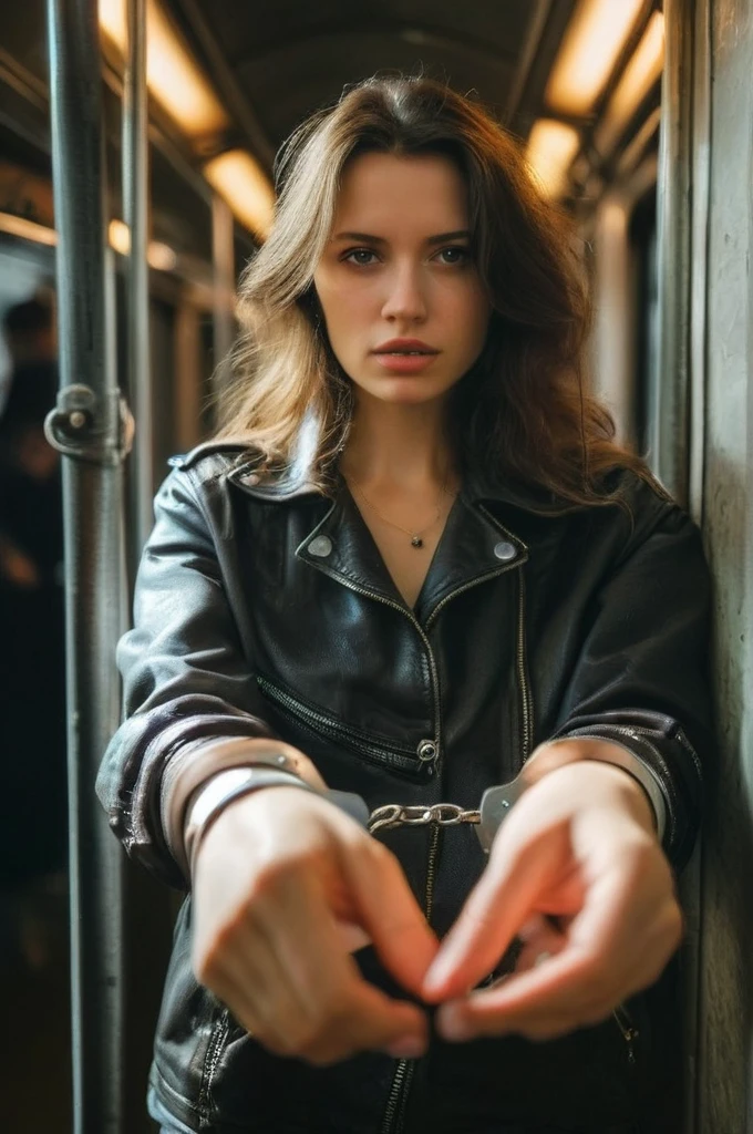 masterpiece,best quality,ultra high res:1.1,uncensored,prefect lighting,rating_explicit,charming and moving,very aesthetic,
BREAK 
1girl,20yo,
side_light,looking at viewer,
Rembrandt Lighting Style,
(handcuffs:1.2),handcuffed,
chains,in a subway car many passengers,