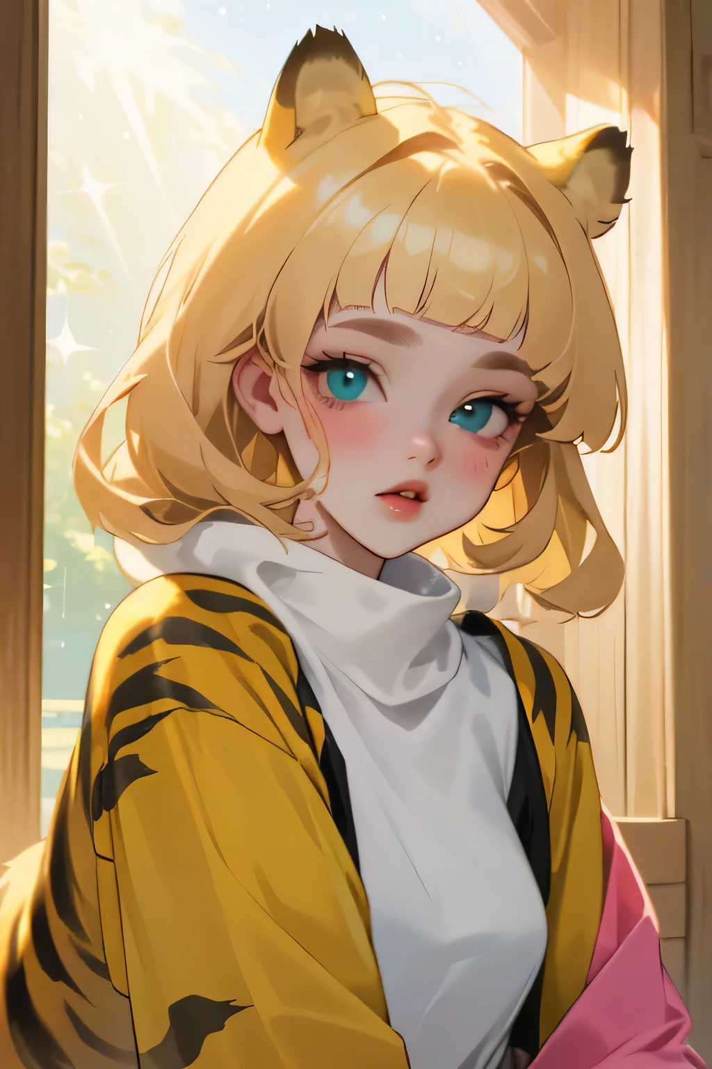 (high quality) (Best Quality) (Una Women) (correct physiognomy) (perfect students) (Perfect eyes) Women, blonde hair with bangs on the forehead, TWO cat ears growing out of his head, eyes with heterochromia dos ojos, one eye green and the other gold, sensitive lips, female appearance, soft facial features, thin eyebrows, soft skin, rosy cheeks, pink lips, silky eyelashes, dreamy expression, middle age, youth clothing, glitter sweatshirt, tiger print, photo illuminated by sunlight, Women en un campo de girasoles