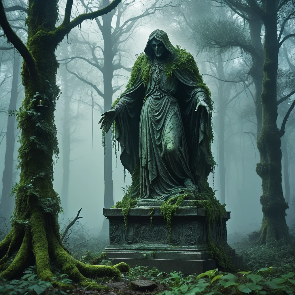 Deep within the shadowy depths of the Whispering Woods stands an eerie, life-sized statue of a human figure, carved from weathered stone. The statue, overgrown with creeping ivy and moss, appears almost lifelike, frozen in a moment of palpable fear. Its eyes, wide and hollow, seem to follow any who dare approach, reflecting a hauntingly eternal sorrow.
The surrounding forest is dense and foreboding, the ancient trees towering above, their twisted branches forming a canopy that barely lets any light penetrate. The ground is carpeted with fallen leaves, creating a damp, muffled silence that makes every step feel like an intrusion.
In the distance, faint, ghostly whispers can be heard, as if the forest itself is trying to tell the tale of this tragic figure. Nearby, an old, crumbling stone pedestal bears an inscription in a forgotten language, hinting at a curse or ancient magic that once befell this unfortunate soul.
What fate turned this human into a statue? What dark secrets does this forest hold? This AI-generated image captures the chilling and mysterious ambiance of a dark medieval fantasy world, where magic, curses, and ancient legends intertwine."