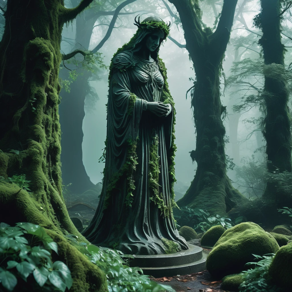 Deep within the shadowy depths of the Whispering Woods stands an eerie, life-sized statue of a human figure, carved from weathered stone. The statue, overgrown with creeping ivy and moss, appears almost lifelike, frozen in a moment of palpable fear. Its eyes, wide and hollow, seem to follow any who dare approach, reflecting a hauntingly eternal sorrow.

The surrounding forest is dense and foreboding, the ancient trees towering above, their twisted branches forming a canopy that barely lets any light penetrate. The ground is carpeted with fallen leaves, creating a damp, muffled silence that makes every step feel like an intrusion.

In the distance, faint, ghostly whispers can be heard, as if the forest itself is trying to tell the tale of this tragic figure. Nearby, an old, crumbling stone pedestal bears an inscription in a forgotten language, hinting at a curse or ancient magic that once befell this unfortunate soul.

What fate turned this human into a statue? What dark secrets does this forest hold? This AI-generated image captures the chilling and mysterious ambiance of a dark medieval fantasy world, where magic, curses, and ancient legends intertwine."