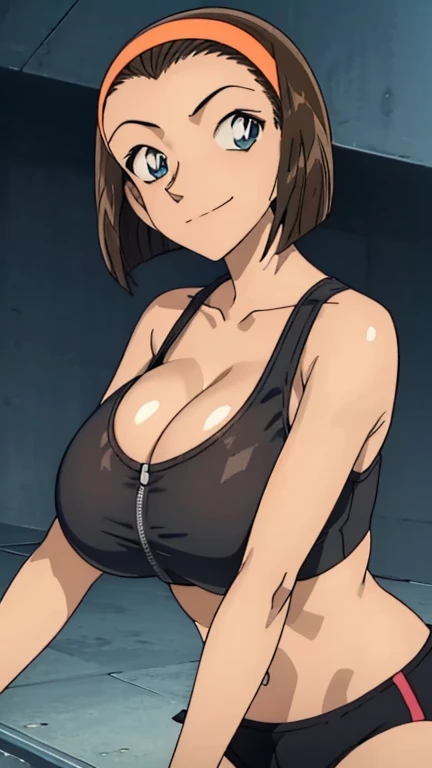 Looking into the camera、When I Look at You、lookatviewer、Anime Style、Eroge、1 girl, (Huge long breasts:1.2), (Black sports bra、Cleavage:1.2,Tight sports bottoms)、Low - Angle、Brown haired, hair band、ショート Bob Hair、The forehead is visible、smile,Round Breasts、women