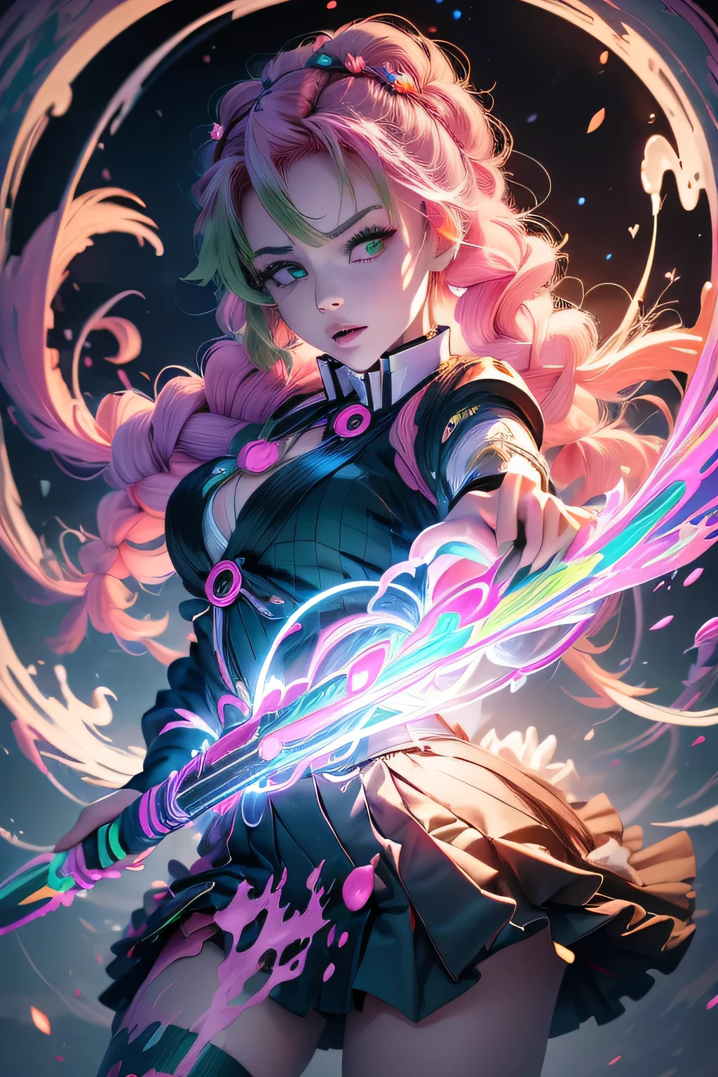 anime, Demon slayer, Kanroji Mitsuri, 先端が緑色のpinkの髪, Bright green eyes, black clothes that show the chest, Black Skirt, wear white cloth, night, An illustration with lots of colorful neon hearts on the background, pararel, pink, Whip-like sword, (((masterpiece:1.4))), (highest quality:1.4), (Ultra-high resolution:1.4), (highest quality:1.2), (Super detailed:1.3), Realistic:1.1