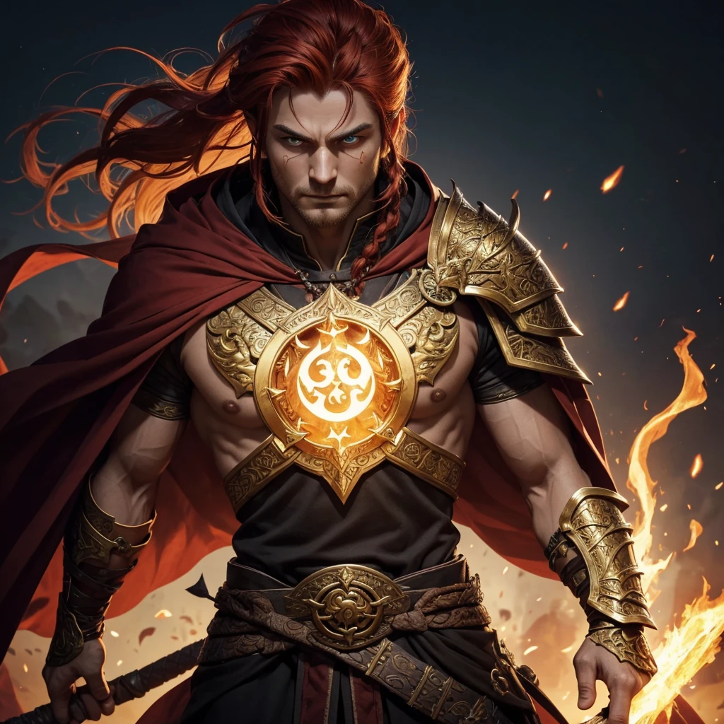 A striking figure stands tall at 6'2" with a lean and muscular build, indicating a life of rigorous physical training and combat. He has long, fiery red hair tied back in a warrior's braid, reminiscent of flames, and his eyes are a striking gold, glowing with a mystical intensity. His fair skin is weathered, showing the wear and tear of years spent traveling and battling the forces of chaos. His face is strong and chiseled, with a determined and serious expression softened by moments of introspection or compassion, marked by a few battle scars.

Thalor Fireheart wears a unique blend of heavy plate and enchanted robes, designed for both protection and flexibility. The armor is adorned with intricate dragon motifs and ancient runes that glow faintly with a golden light. The metal plates are crafted from a rare, dark steel, contrasting with the shimmering golden runes. He has an open-faced helmet, allowing his fiery hair and golden eyes to remain visible, adorned with small dragon wings on the sides.

A flowing red and gold cloak drapes over his shoulders, fastened with a brooch shaped like a dragon's head. The cloak is enchanted to enhance his presence. In one hand, he wields a one-handed sword with an intricately designed hilt featuring dragon motifs. The blade glows with a faint, fiery aura, symbolizing his mastery of fire magic. Occasionally, he wields an axe with similar designs and enchantments. Around his neck, he wears an Amulet of Akatosh, a finely detailed depiction of Akatosh's dragon emblem, radiating a gentle, warm glow.

The runes on his armor and weapons pulse with energy when he channels his magic, casting an ethereal glow. Thalor exudes an aura of calm strength and wisdom, his expression serious and focused, but his eyes soften when interacting with allies or those in need, showing his compassionate side. His appearance is a perfect blend of regality and ferocity, commanding respect and admiration as both a formidable warrior and a wise protector.