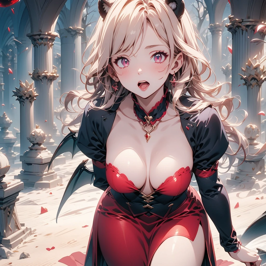 His chest was covered in blood、Anime girl with blood dripping from her chest, gapmoe Yandere grimdark, Devil anime girl, Shatia Bradfren, Bad guy anime 8k, Yandere intricate, portrait gapmoe Yandere grimdark, Vampire Girl, bloody + Concept Art, Yandere, Anime style 4k, Open mouth and bite,Blood at the corner of mouth,Small tiger teeth,Devil Wings, Gothic girl anime long skirt,Red Moon,castle