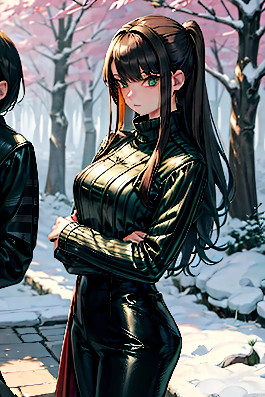 anime girl, alone, blackquality hair, long hair, winter clothing, greeneyes, long leather pants, striped long-sleeved blouse, tall woman, period clothes, very straight hair, very green eyes, good clothes, fancy, medieval fantasy clothes, estilo the Witcher games.