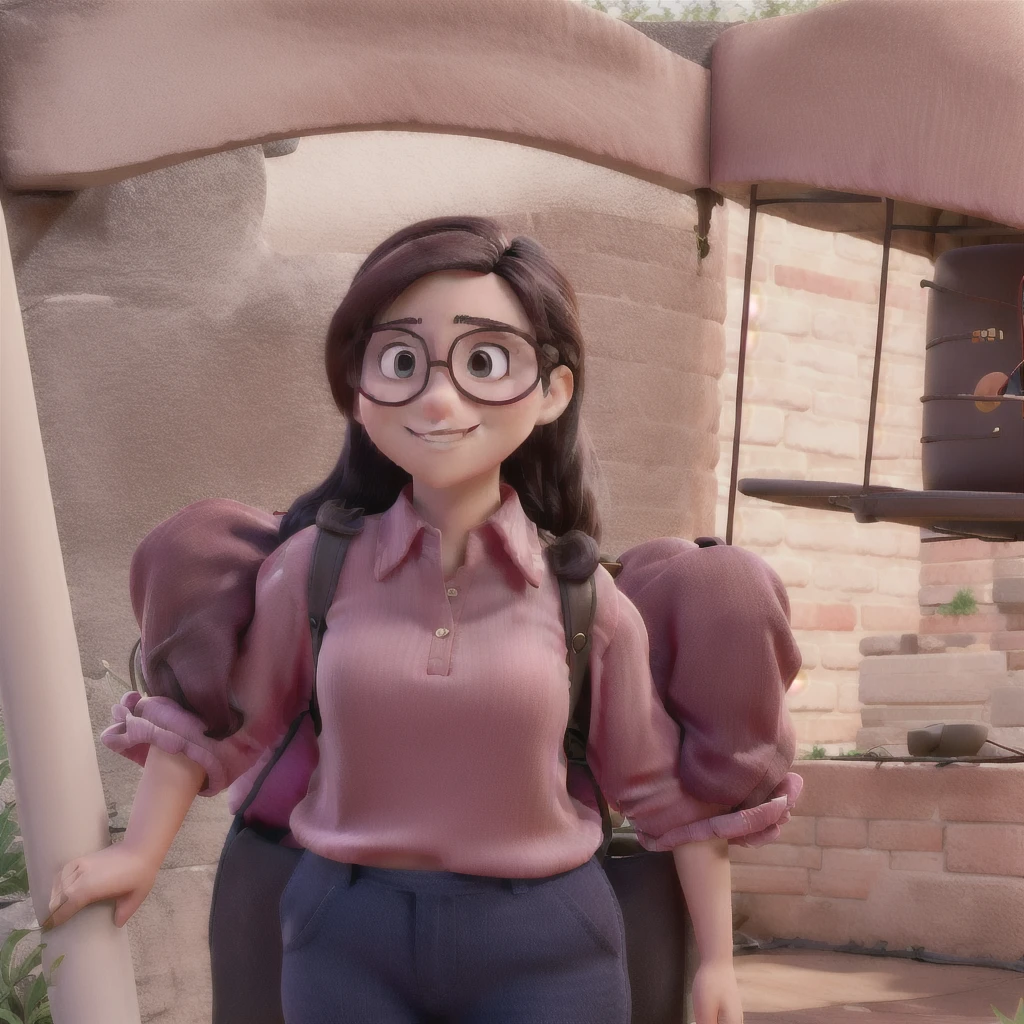 high quality, woman wearing glasses, pink blouse, smiling, at the investment museum