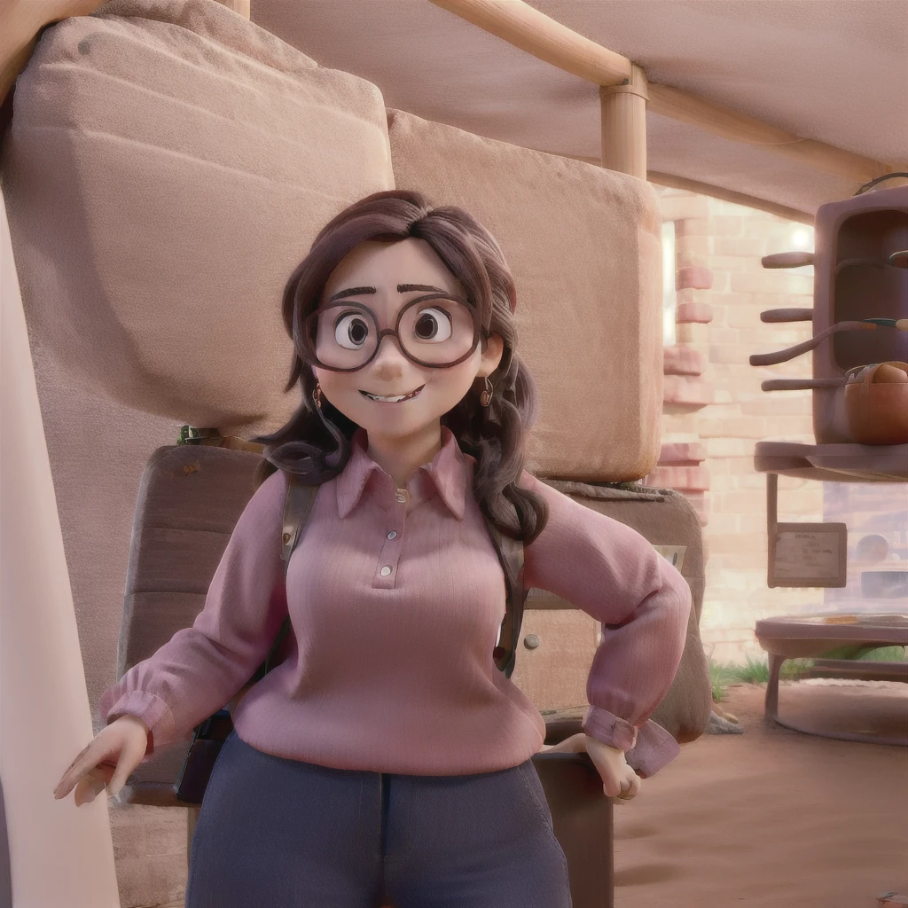 high quality, woman wearing glasses, pink blouse, smiling, at the investment museum
