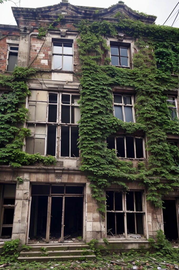 A very old abandoned EHPAD, with broken windows a facade with ivy on it and a little in the dark