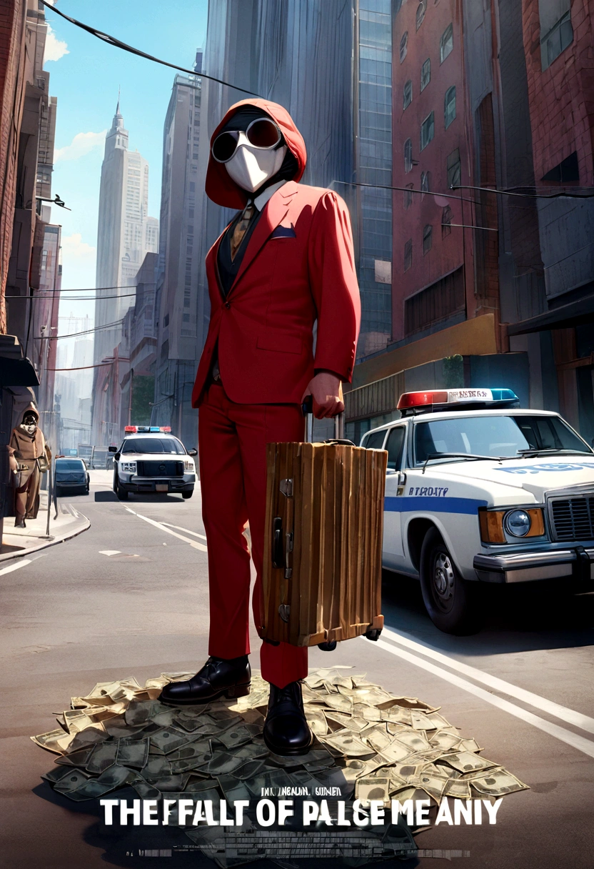 Oh spent, Luiz Inácio Lula da Silva wearing a tattered red suit, behind a pallet of money, IN A DARK STREET, skyscrapers in the background, police car on the side of the street, tilted camera angle, cinematic, movie poster, Big title font, High details, with a burglar mask and a suitcase of money