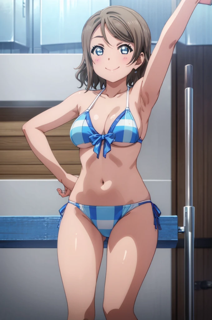 (((pixel-perfect, detail-perfect))), solo, 1girl, you watanabe, eyes azzur, smile, bikini, sauna, armpit, big filesize, ultra High Qality