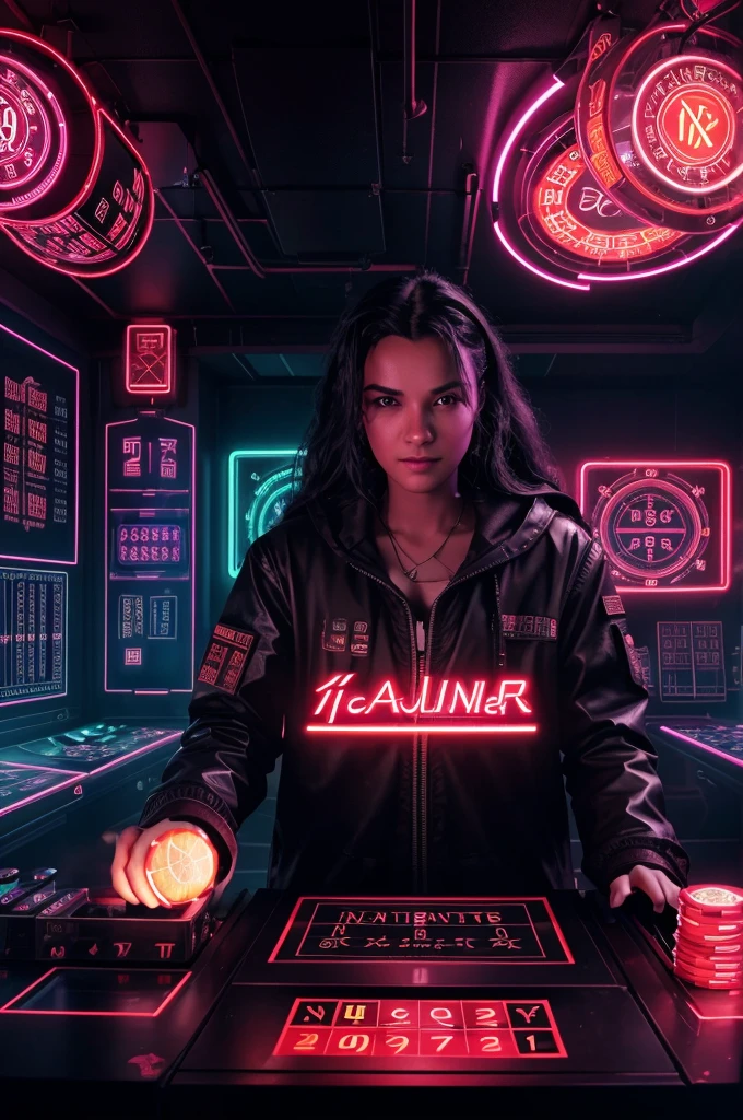 "Create a cinematic profile picture for a roulette player and mathematician. The background features neon lights and a cyberpunk theme with striking thunder and fiery flames. Incorporate elements of intellectual math calculations, such as formulas, equations, and mathematical symbols, blending seamlessly with the vibrant, dynamic background."