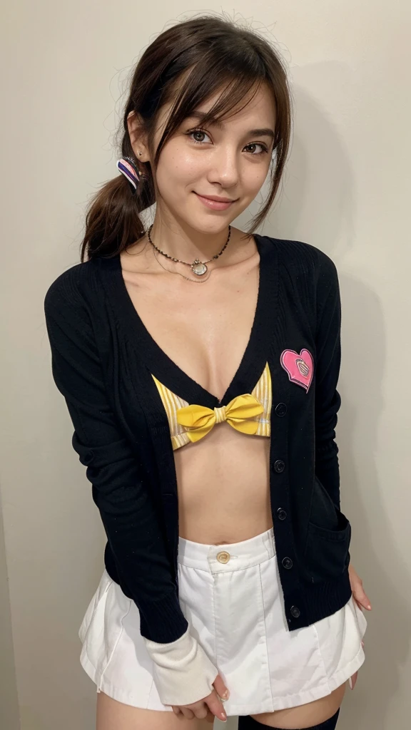 ichige style, 1 girl, Alone, Brown hair, heart, hair ornament, , Side ponytail, SMILE, looking at the viewer, Handkerchief, Upper part of the body, heart hair ornament, cardigan, sailor collar, serafín, black sailor collar, hits, yellow eyes, Closed mouth, wide, Brown eyes, purple Handkerchief, striped background, clavicle, striped, moles, Star (Symbol)