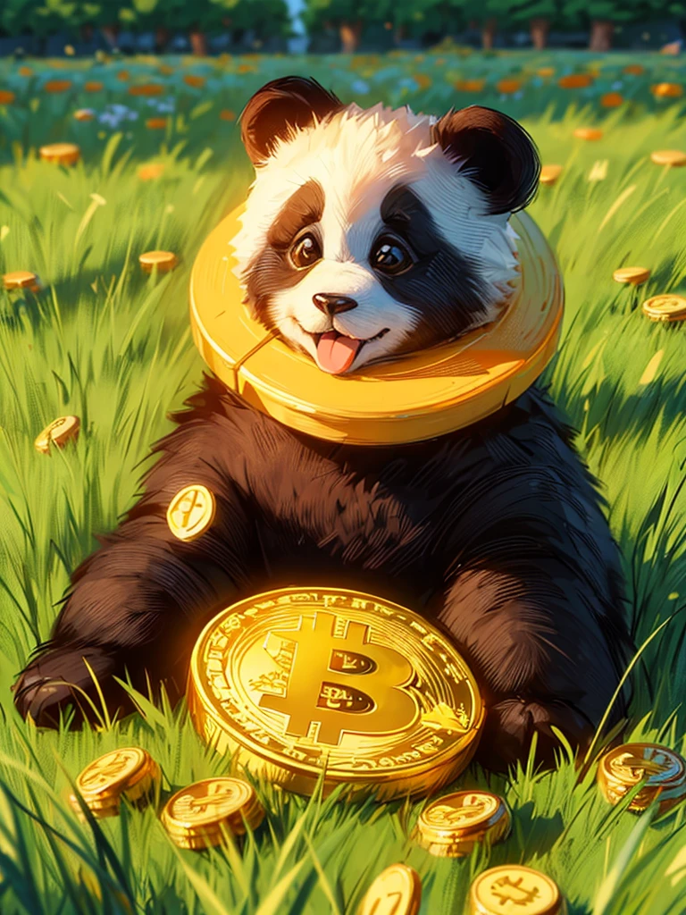 A cartoon style baby panda sitting on a bright meadow while playing with gold coins, Satoshi, bitcoin, is very happy
