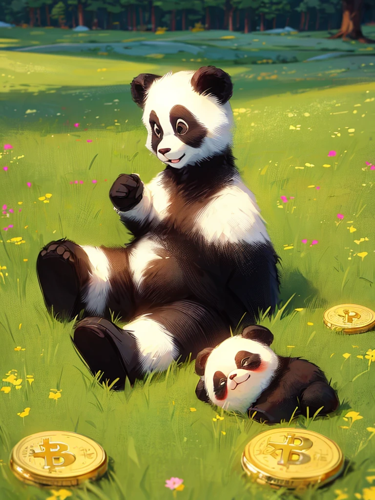 A cartoon style baby panda sitting on a bright meadow while playing with gold coins, Satoshi, bitcoin, is very happy