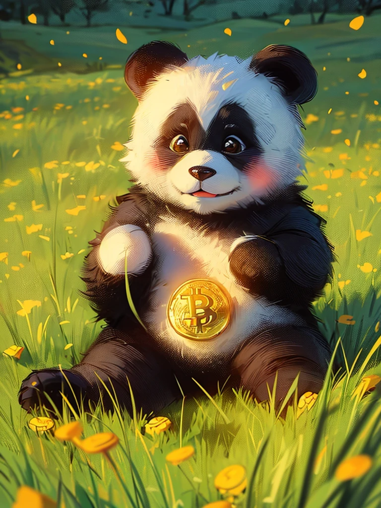 A cartoon style baby panda sitting on a bright meadow while playing with gold coins, Satoshi, bitcoin, is very happy