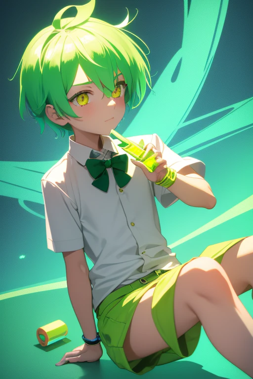 8 year old boy with messy neon green hair with white locks of hair lemon green complexion yellow eyes white shirt with green bow green shorts candy bracelet candy clothes