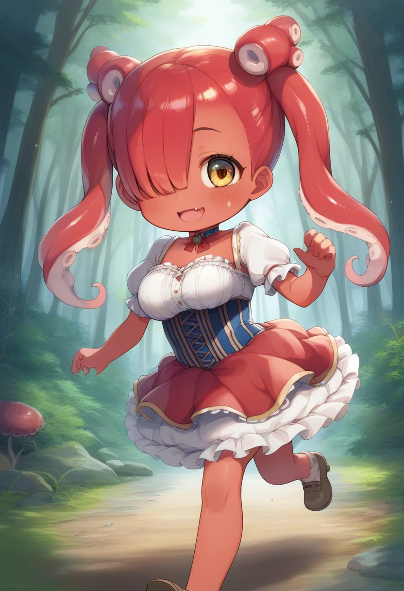 score_9, score_7_up, score_6_up, 1girl, source_cartoon, source_anime,breathtalking Scenery,watercolor,smooth soft skin, natural skin,anime screencap,mjm,rating_safe,
BREAK
(dark red skin:1.9), (loli:1.8), ( female child: (baby face:11.3),(loli toddler:1.4),(mi gir1.5),(octopus girl),(large breasts:1.1),muffin top,preschooler,,(disproportsts),smile,happy
BREAK
(red tentacles hair:1.6),(red tentacles twin tails:1.6),(red hair:1.3),(long bangs:1.2),ultra cute face,(hair over one eye:1.5),(yellow eye:1.2),highlight on eyes,(fang:1.1),open mouth,(wavy mouth),tareme,smile,(Dark skin all over the body:1.9),beautiful eyes, detailed eyes, puffy eyes,
BREAK
beret,Lace,dress inspired sweet lolita,Ribbons,Choker,Puff Sleeves,Victorian,Corset,Drop Waist,pattern on the skirt hem is octopus suckers,Octopus clothes,(1 little female child:1.2),(solo:1.2)K
isometric,dungle, (deep forest,dirty forest,darkness:1.4), dark,(running:1.4),dynamic running,dynamicangle,In a secluded setting, surrounded by a dense forest, the bog lay hidden like a secret gem, its misty surface whispering tales of ancient times,misty,
