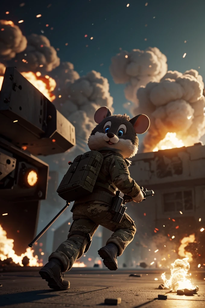 a cute fluffy cartoon army mouse with a gun walking away from a blast in the background , unreal engine render, 8k, cinematic