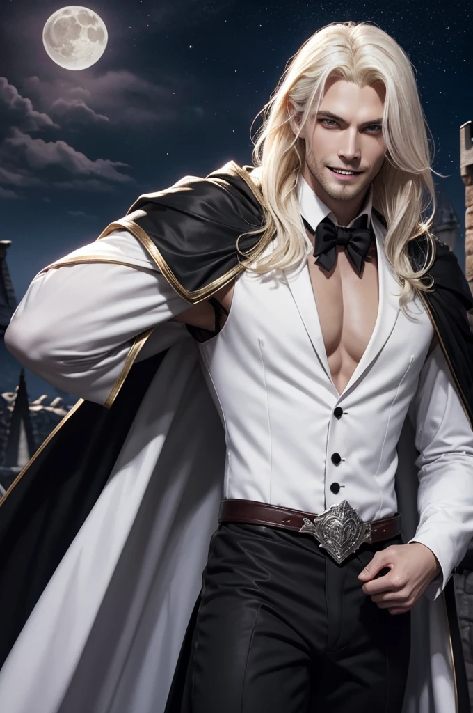 realistic photo of seductive aroused muscular charming handsome attractive twink vampire man Alucard with long blonde hair and glowing amber gold golden eyes wearing seductive lacey lace silk star lingerie, star print lingerie thong jockstrap, glutes thong, star 🌟, shooting star night sky, seductive bedroom 
