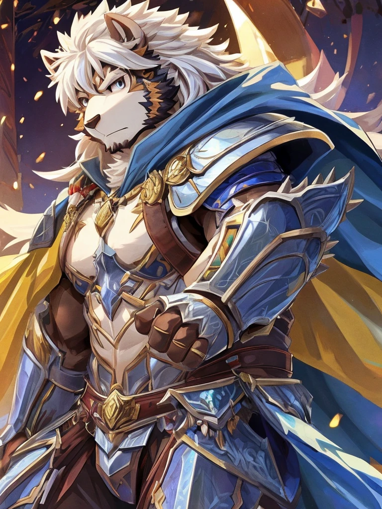 anthro, kemono, male, solo, furry, (((white sheep))), spiky long hair with sideburns, blue paladin armor with golden pattern and white cape,