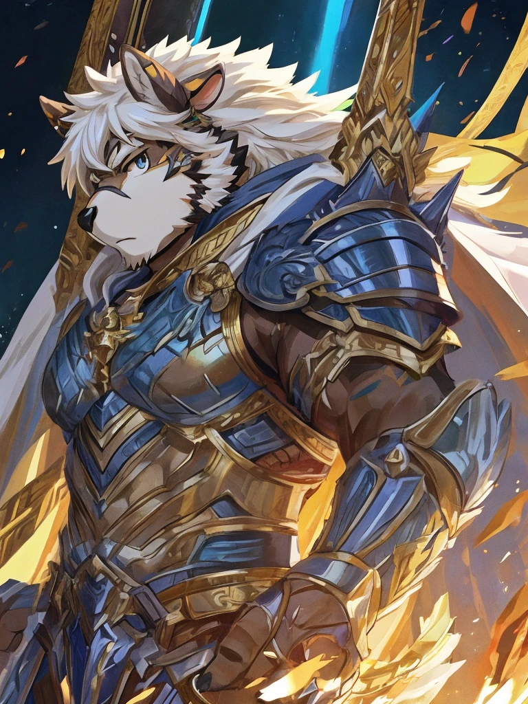 anthro, kemono, male, solo, furry, (((white sheep))), spiky long hair with sideburns, blue paladin armor with golden pattern and white cape,