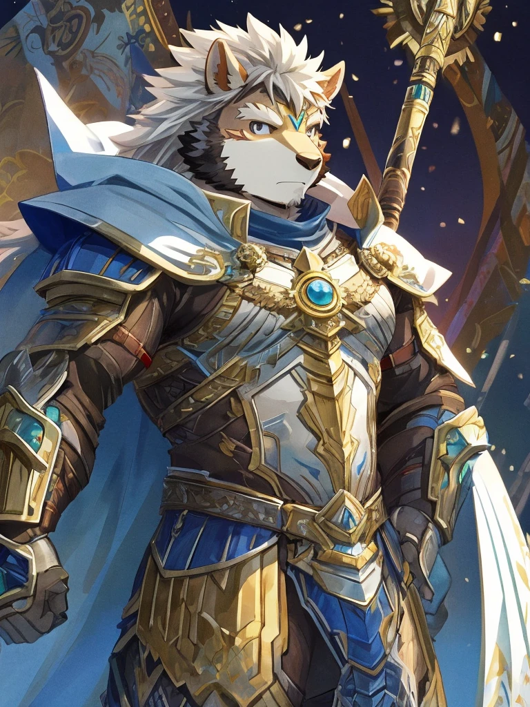 anthro, kemono, male, solo, furry, (((white sheep))), spiky long hair with sideburns, blue paladin armor with golden pattern and white cape,