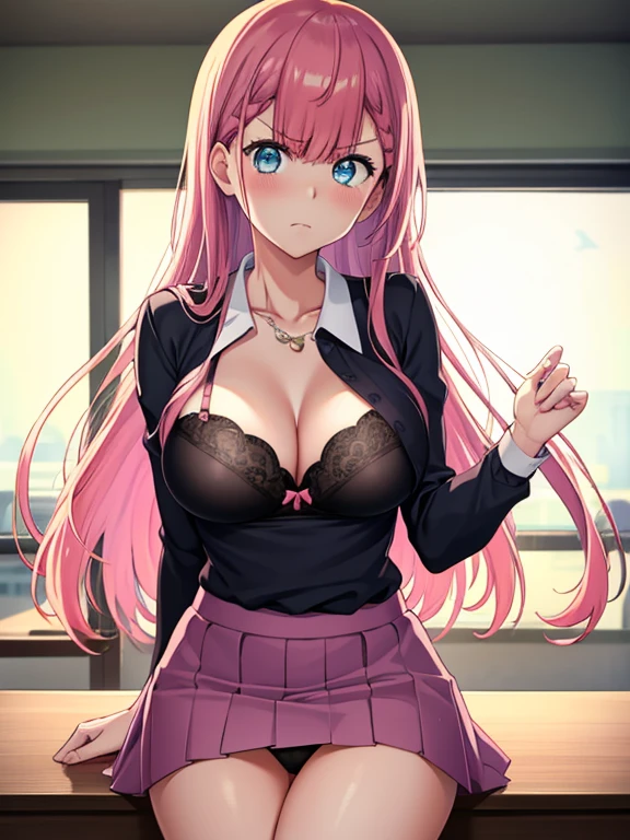 mafuyukirisu, mafuyu kirisu, blue eyes, braid, long hair, twin braids, pink hair, BREAK long sleeves, purple skirt, shirt, skirt, BREAK looking at viewer, BREAK indoors, classroom, best quality, high resolution, unity 8k wallpaper, (illustration:0.8), (beautiful detailed eyes:1.6), extremely detailed face, perfect lighting, extremely detailed CG, (perfect hands, perfect anatomy),kirisu mafuyu in class, class time, hip, open waist, bra, black bra, open chest, pink skirt, sleeves, purple thighs, thighs, black panties, angry face, invinsible bra straps, white bra transparent straps, anime girl sitting on a desk with a blackboard in the background, beautiful anime high school girl, a hyperrealistic , realistic , hyperrealistic , anime visual of a cute girl, anime girl with long hair, smooth anime cg art, mafuyu kirusu fanart, kirusu, mafuyu kirusu, kirusu mafuyu, seductive anime girl, anime moe artstyle, school girl, young anime girl, open chest, black bra, naked hip and waist, black panties, visible panties and bra, angry face, blue eyes, pink hair, pink skirt, short skirt, black long socks, tight thighs, thighsthighs