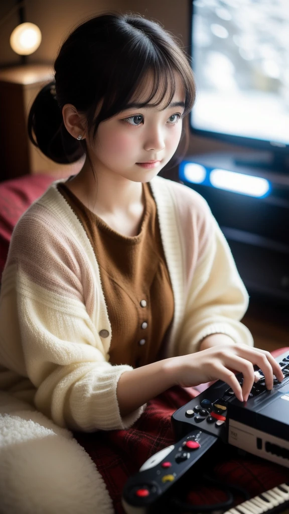 1girl, 1900'S 95 y.o. flyweight Sadness from Inside Out surrounded by Game consoles,12yo Beautiful girl, Composing music, Snowing, shallow depth of field, Direct light, 800mm lens, female