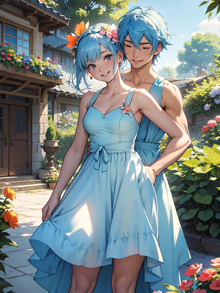24-years-old、woman、Single、smile、Light blue hair tied up、Peach-colored flower garden、Fantasy、Wearing a one-piece dress、sunny