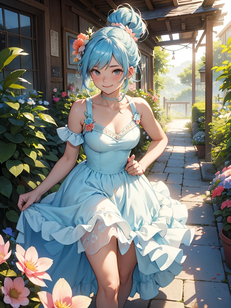 24-years-old、cute、Light blue hair tied up、Peach-colored flower garden、Fantasy、Wearing a one-piece dress、sunny