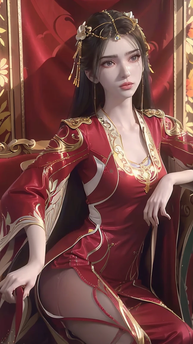 A beautiful young woman,Long hair,Wear red pajamas,Sitting on the bed,High heel,Wearing a dress,Side-lying,Cross-legged,Full body shot,(Best picture quality,4K,8K,high-definition,excellent work:1.2),Ultra Detail,(Realistic,Realistic,Realistic:1.37),Delicate eyes,Delicate lips,Extremely detailed face and eyes,Long eyelashes,Natural light,Warm colors,Soft Focus,,portrait,Chiaroscuro,Deep scene,Delicate eyes,Jade Hands,Clear fingers