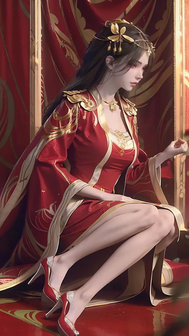 A beautiful young woman，Long hair，Wear red pajamas，Sitting on the bed，High heel，Wearing a dress，Side-lying，Cross-legged，Full body shot，(Best picture quality，4K,8K，high-definition，excellent work:1.2)，Ultra Detail，(Realistic，Realistic，Realistic:1.37)，Delicate eyes，Delicate lips，Extremely detailed face and eyes，Long eyelashes，Natural light，Warm colors，Soft Focus，，portrait，Chiaroscuro，Deep scene，Delicate eyes，Jade Hands，Clear fingers