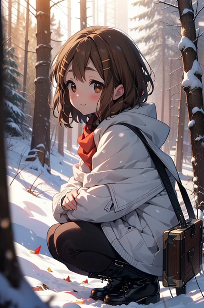 yuihirasawa, Yui Hirasawa, short hair, Brown Hair, hair ornaments, (Brown eyes:1.5), Hair Clip、smile,smile,blush,White Breath,
Open your mouth,snow,Ground bonfire,, Outdoor, boots, snowing, From the side, wood, suitcase, Cape, Blurred, , forest, White handbag, nature, Squat, Mouth closed, Cape, winter, Written boundary depth, Black shoes, red Cape break looking at viewer, Upper Body, whole body, break Outdoor, forest, nature, break (masterpiece:1.2), Highest quality, High resolution, unity 8k wallpaper, (shape:0.8), (Beautiful and beautiful eyes:1.6), Highly detailed face, Perfect lighting, Extremely detailed CG, (Perfect hands, Perfect Anatomy),